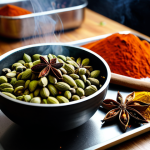 A close-up shot of professional hands skillfully tempering vibrant whole spices like cardamom pods and star anise in a hot pan, with a delicate wisp of aromatic smoke rising. The scene is set in a modern, clean, professional kitchen with various colorful ground spices in elegant bowls on a clean wooden countertop. The lighting is soft and ambient, highlighting the textures and colors of the spices. Focus on perfect anatomy, well-formed hands, and correct proportions. The overall image quality is high-resolution, professional photography. fully clothed, appropriate attire, safe for work, modest, natural pose.