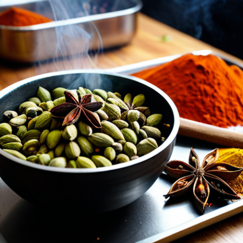 Home 4 A close-up shot of professional hands skillfully tempering vibrant whole spices like cardamom pods and star anise in a hot pan, with a delicate wisp of aromatic smoke rising. The scene is set in a modern, clean, professional kitchen with various colorful ground spices in elegant bowls on a clean wooden countertop. The lighting is soft and ambient, highlighting the textures and colors of the spices. Focus on perfect anatomy, well-formed hands, and correct proportions. The overall image quality is high-resolution, professional photography. fully clothed, appropriate attire, safe for work, modest, natural pose.