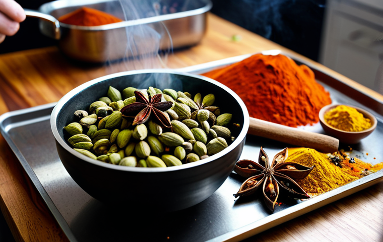 A close-up shot of professional hands skillfully tempering vibrant whole spices like cardamom pods and star anise in a hot pan, with a delicate wisp of aromatic smoke rising. The scene is set in a modern, clean, professional kitchen with various colorful ground spices in elegant bowls on a clean wooden countertop. The lighting is soft and ambient, highlighting the textures and colors of the spices. Focus on perfect anatomy, well-formed hands, and correct proportions. The overall image quality is high-resolution, professional photography. fully clothed, appropriate attire, safe for work, modest, natural pose.